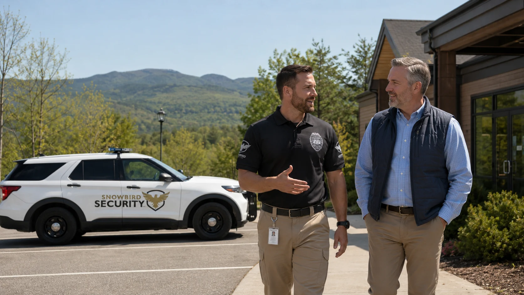 Snowbird Security officer discussing a client’s security needs at a Maine property