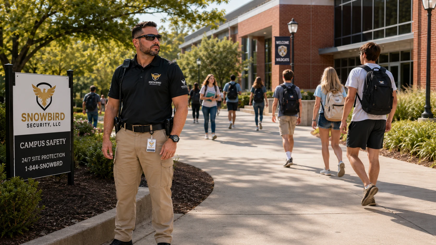 Snowbird Security officer monitoring a college campus walkway