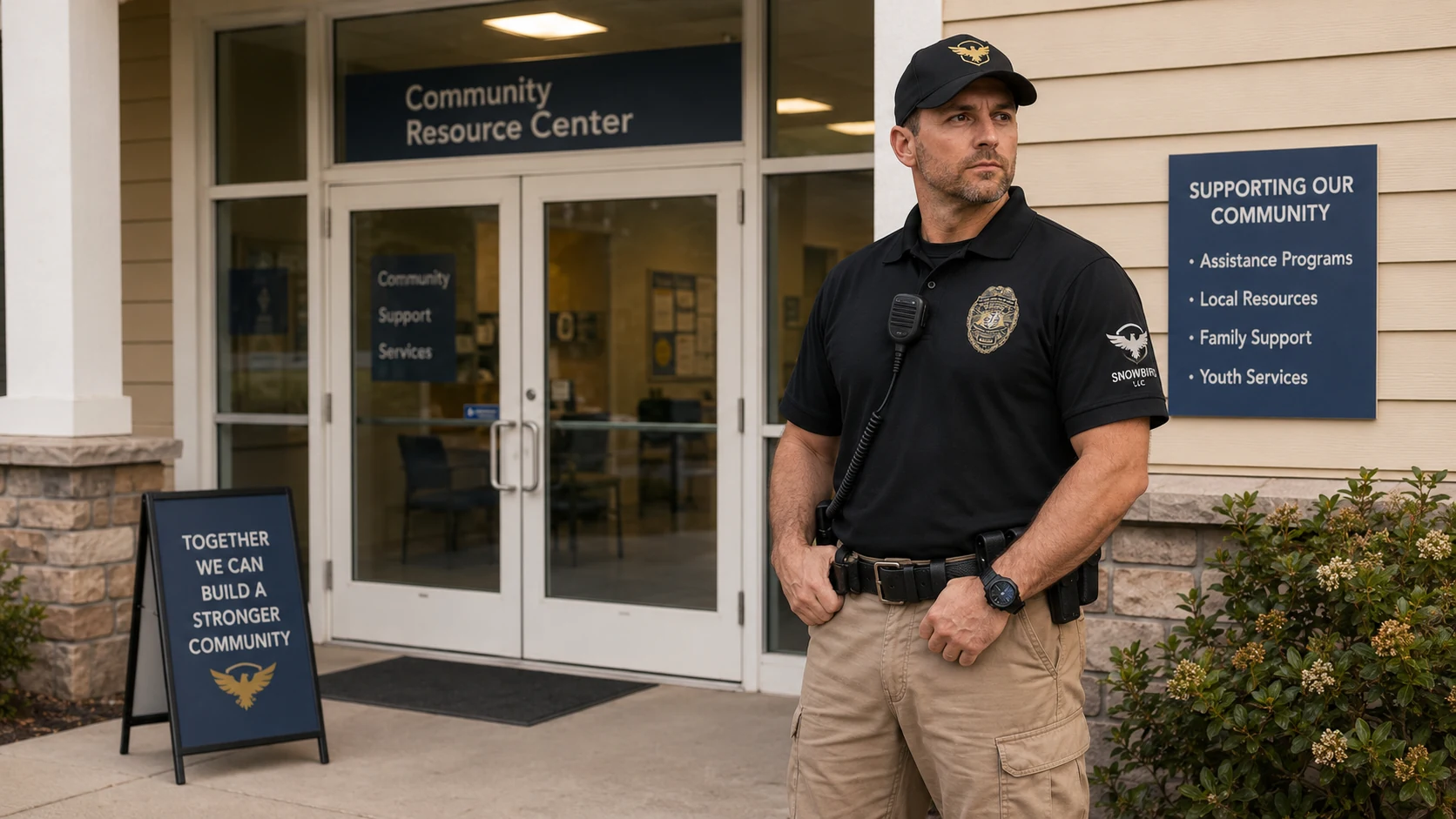 Snowbird Security officer protecting a community resource center entrance