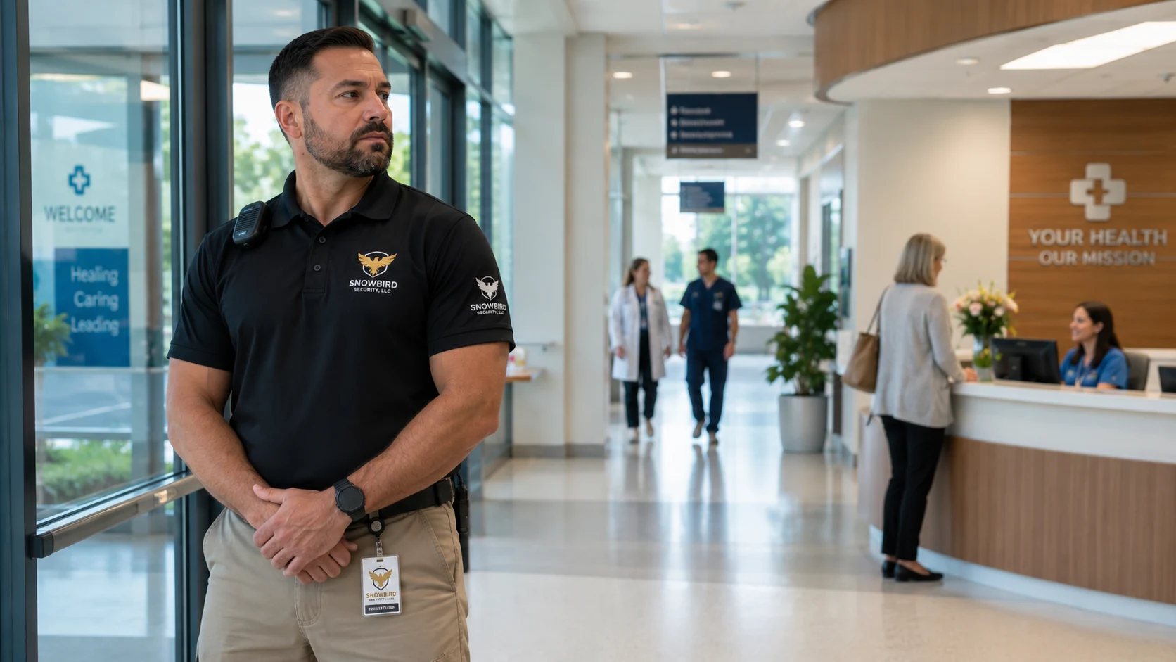 Snowbird Security officer maintaining a reassuring healthcare lobby presence