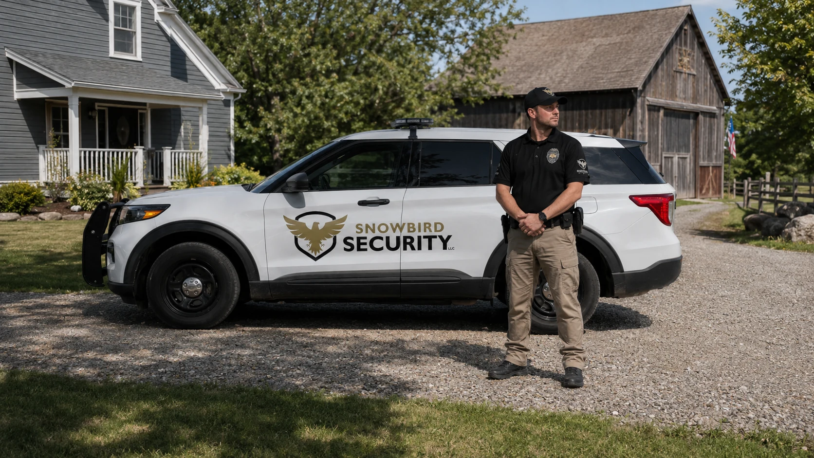 Snowbird Security officer and patrol vehicle protecting a rural private property