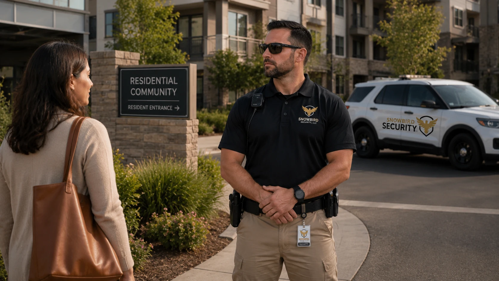 Snowbird Security officer assisting a resident at a residential community entrance