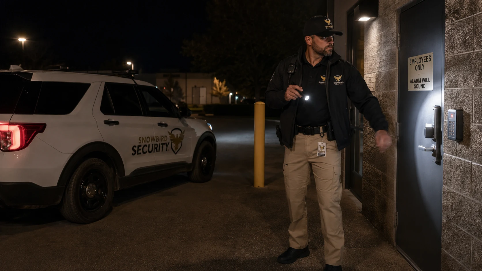 Snowbird Security officer responding to an alarm at night