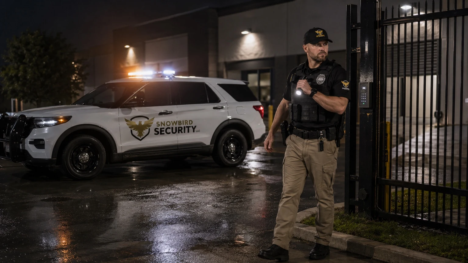 Armed Snowbird Security officer protecting a gated property at night
