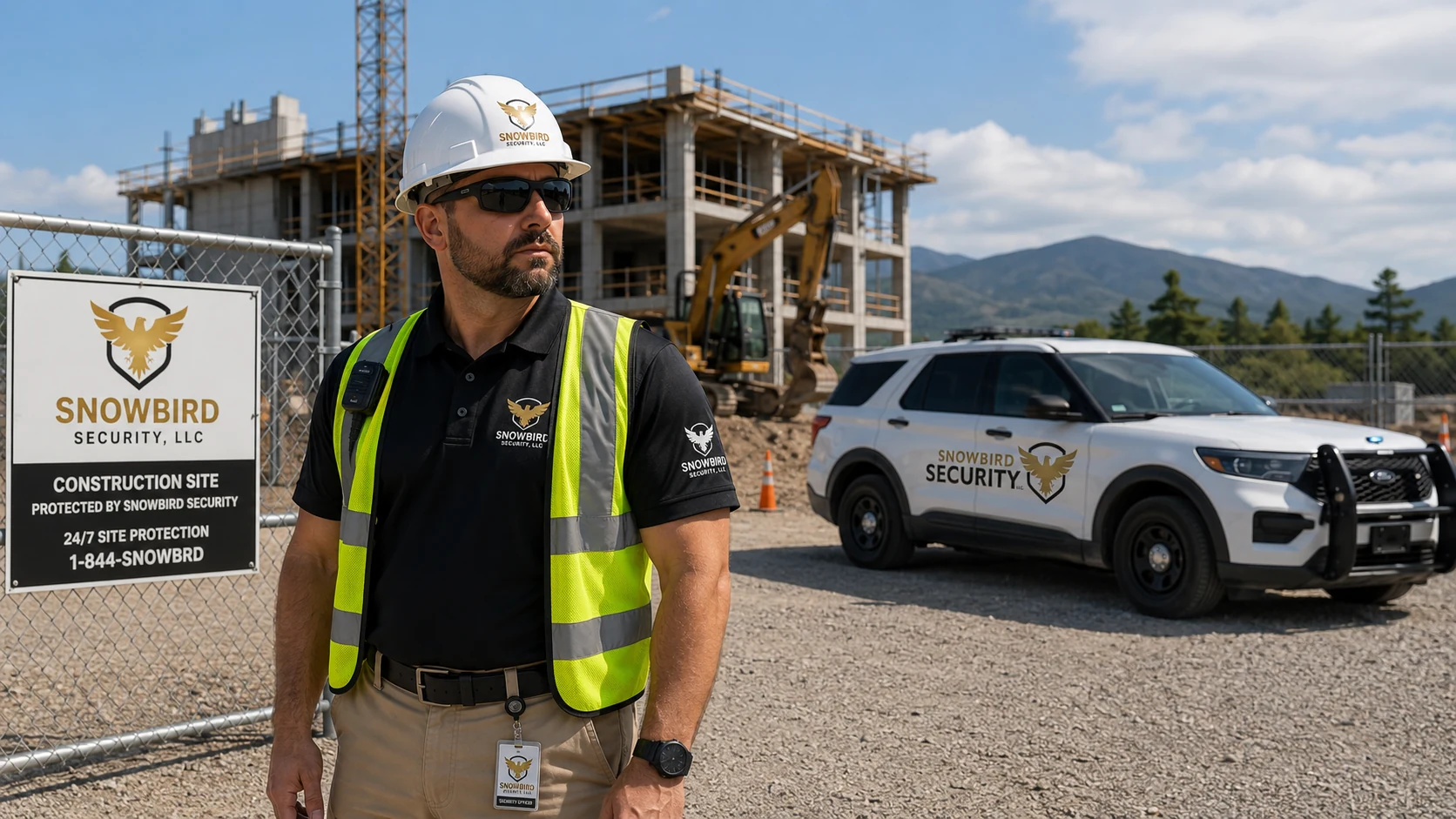 Snowbird Security officer and patrol vehicle protecting an active construction site