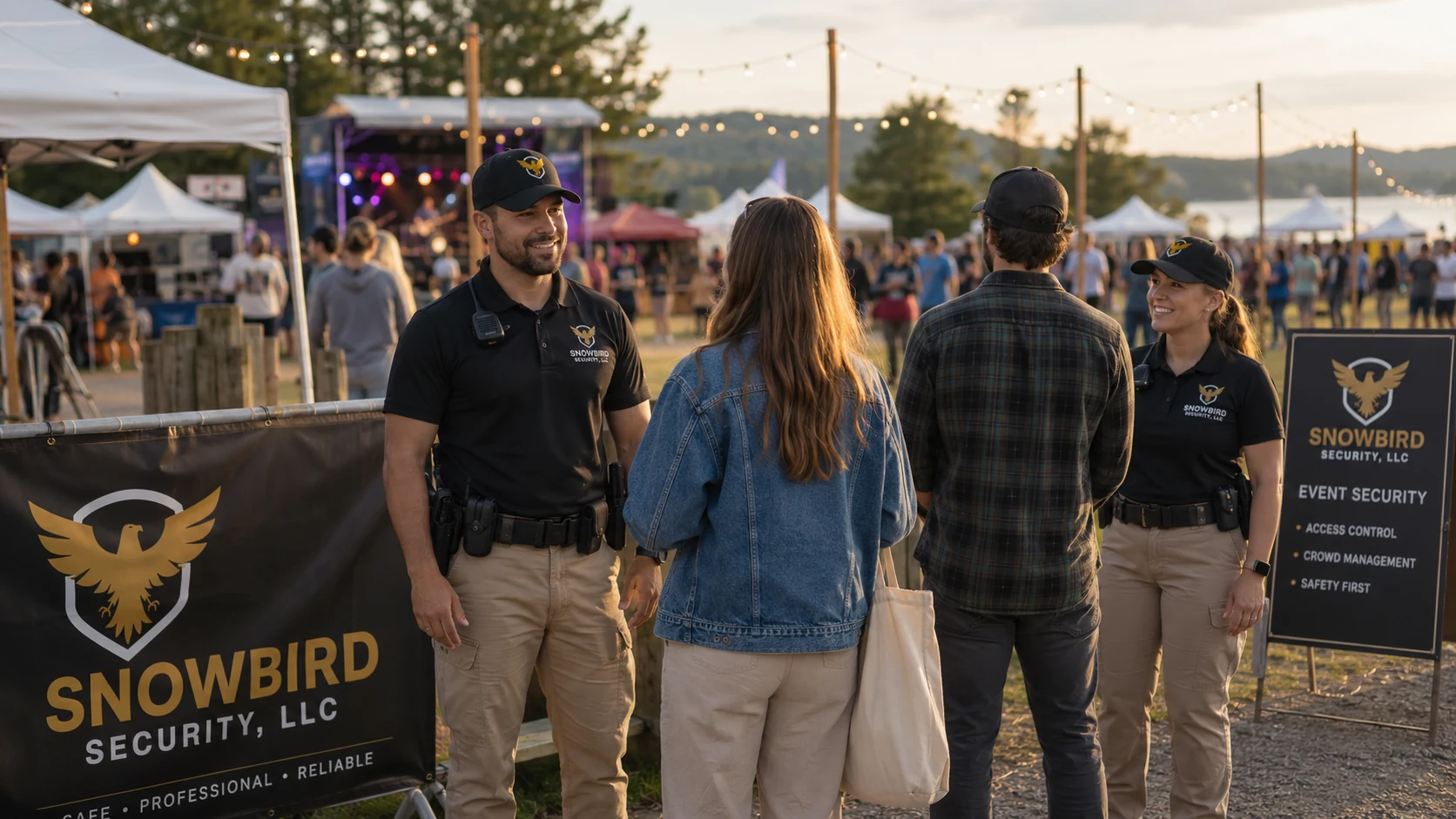 Snowbird Security officers welcoming guests at a community event