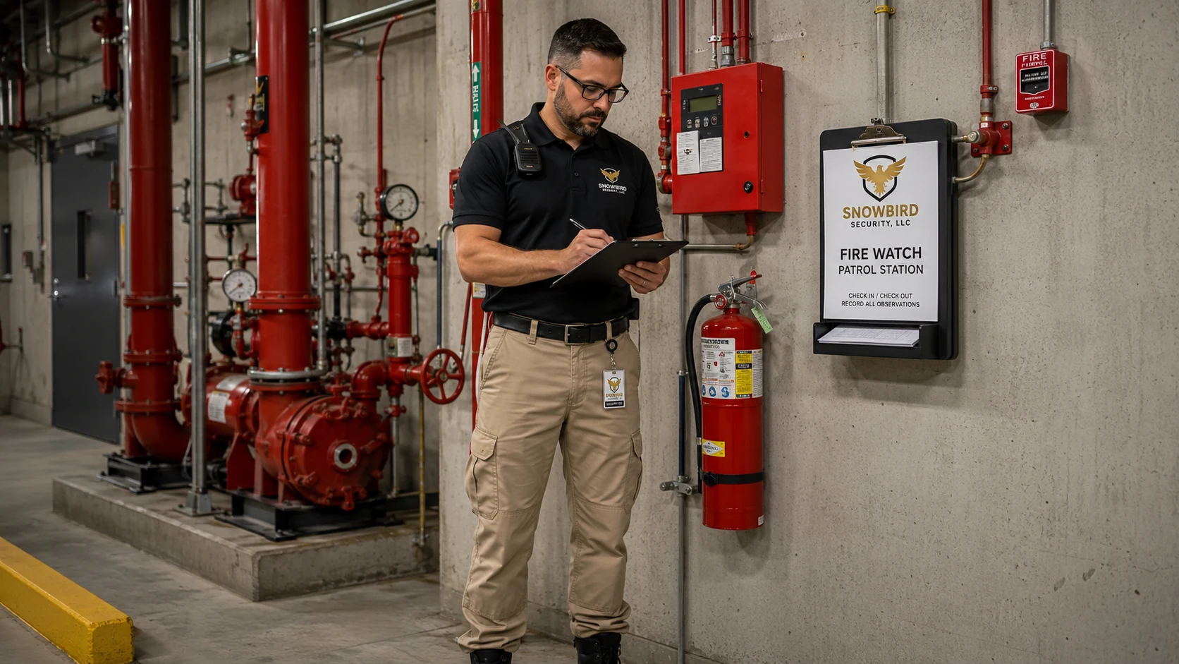 Snowbird Security officer documenting a fire watch inspection