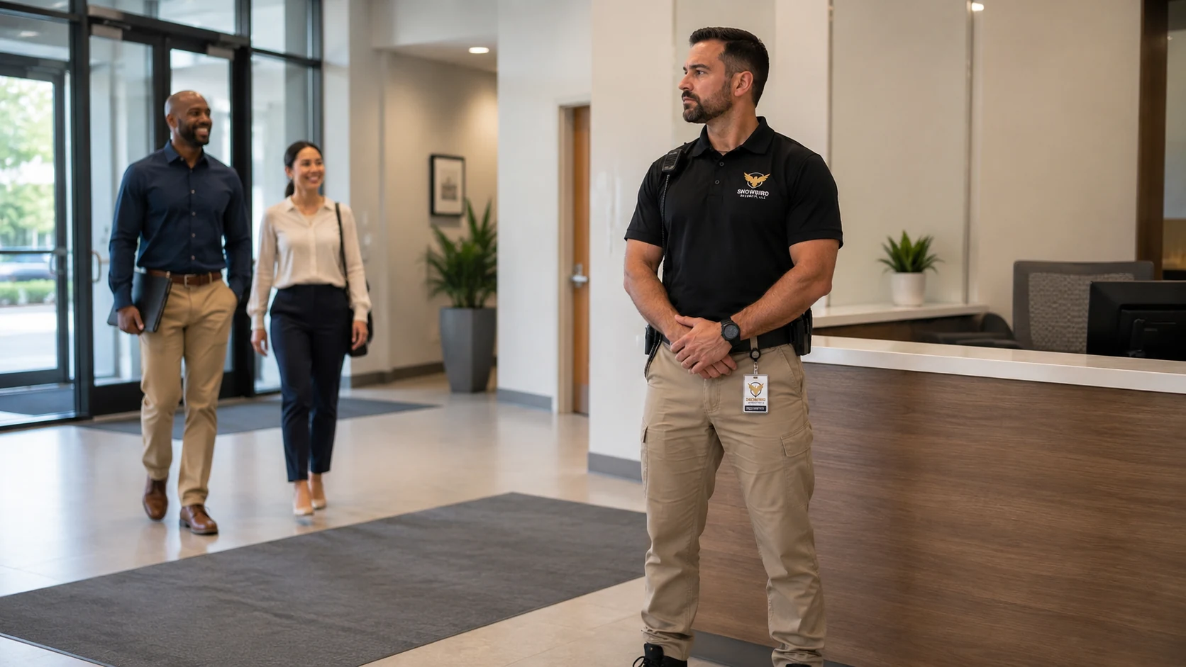 Unarmed Snowbird Security officer maintaining a professional lobby presence