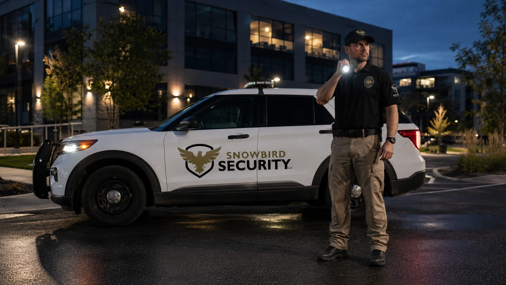 Snowbird Security officer and patrol vehicle conducting an evening patrol